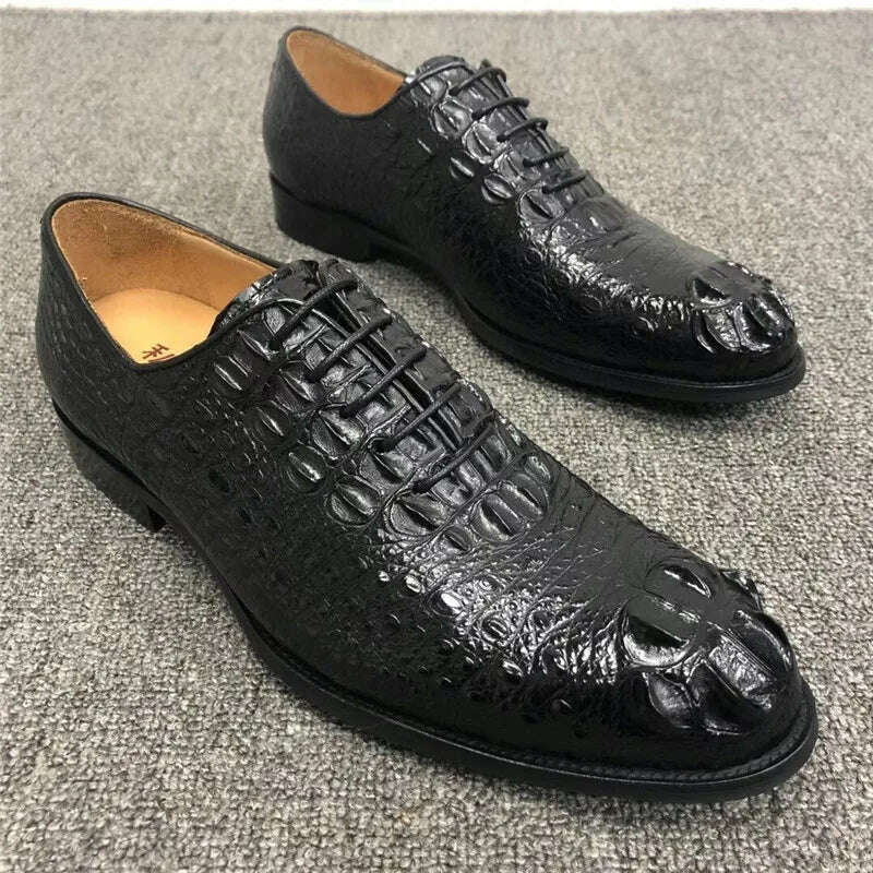 KIMLUD, Business Style Authentic Real Crocodile Skin Men's Derby Shoes Genuine Exotic Alligator Leather Male Black Lace-up Dress Oxfords, Black / 38, KIMLUD Womens Clothes