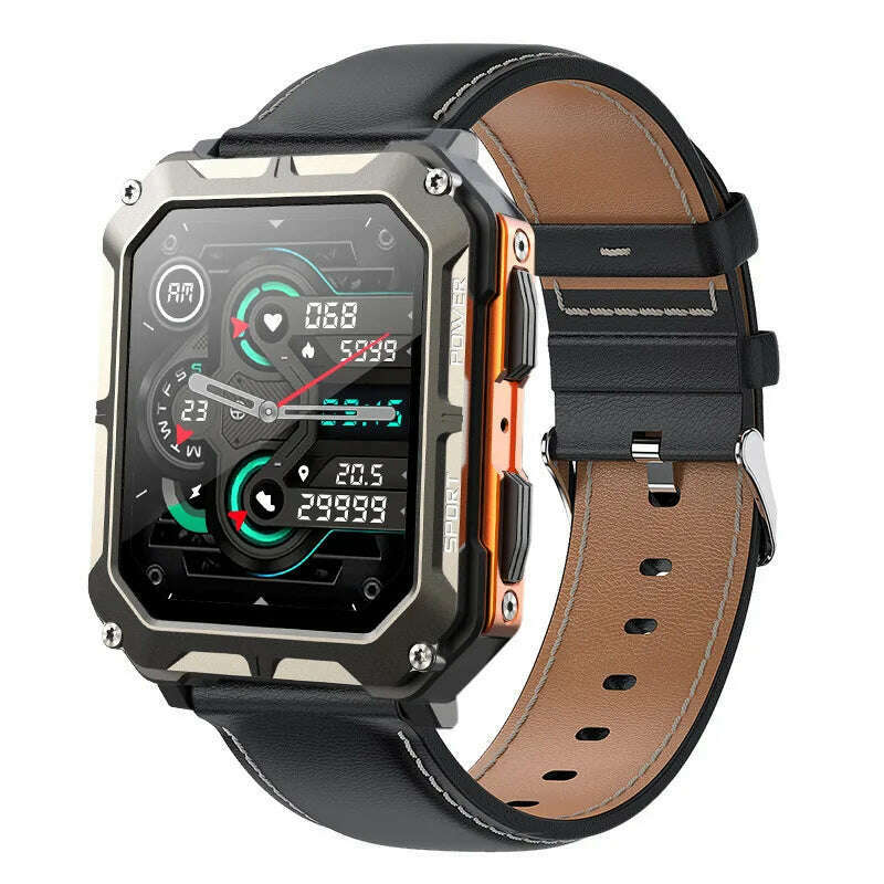 KIMLUD, C20 PRO Smart Watch Men Bluetooth Call Outdoor Sports 1.83inch Large Screen Voice Assistant Fitness C20Pro Smartwatch, Black Gold Leather, KIMLUD Womens Clothes