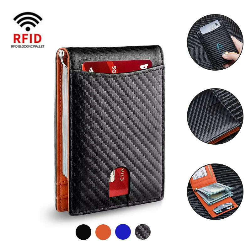 Carbon Fiber Leather Credit Card Holder Men Wallets Rfid Black Minimalist Wallet Gifts for Men Purses Carteira Masculina Caibu - KIMLUD