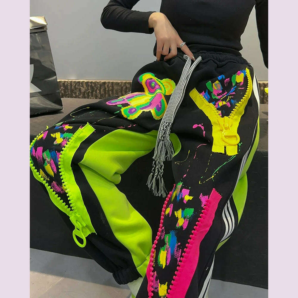 KIMLUD, Casual High Waist Slimming Street Graffiti Printing Track Sweatpants for Women Ankle-Tied Loose Fit Spring Summer 2024, KIMLUD Womens Clothes