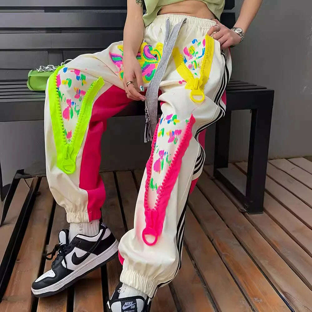 Casual High Waist Slimming Street Graffiti Printing Track Sweatpants for Women Ankle-Tied Loose Fit Spring Summer 2024 - KIMLUD