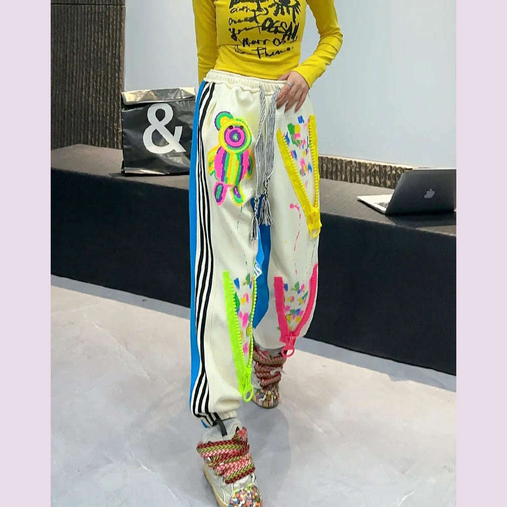 Casual High Waist Slimming Street Graffiti Printing Track Sweatpants for Women Ankle-Tied Loose Fit Spring Summer 2024 - KIMLUD