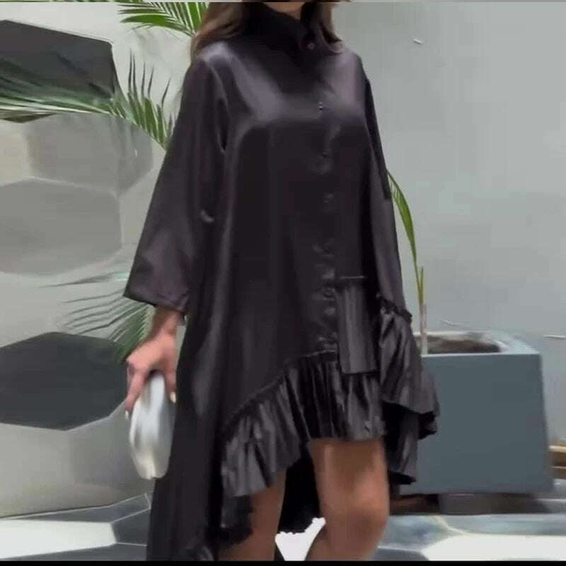 KIMLUD, Casual Irregular Long Sleeved Dress Elegant Stand Collar Single Breasted Shirt Dress Lady Fashion Solid Pleated Commuting Dress, 02 Black / XS, KIMLUD Womens Clothes