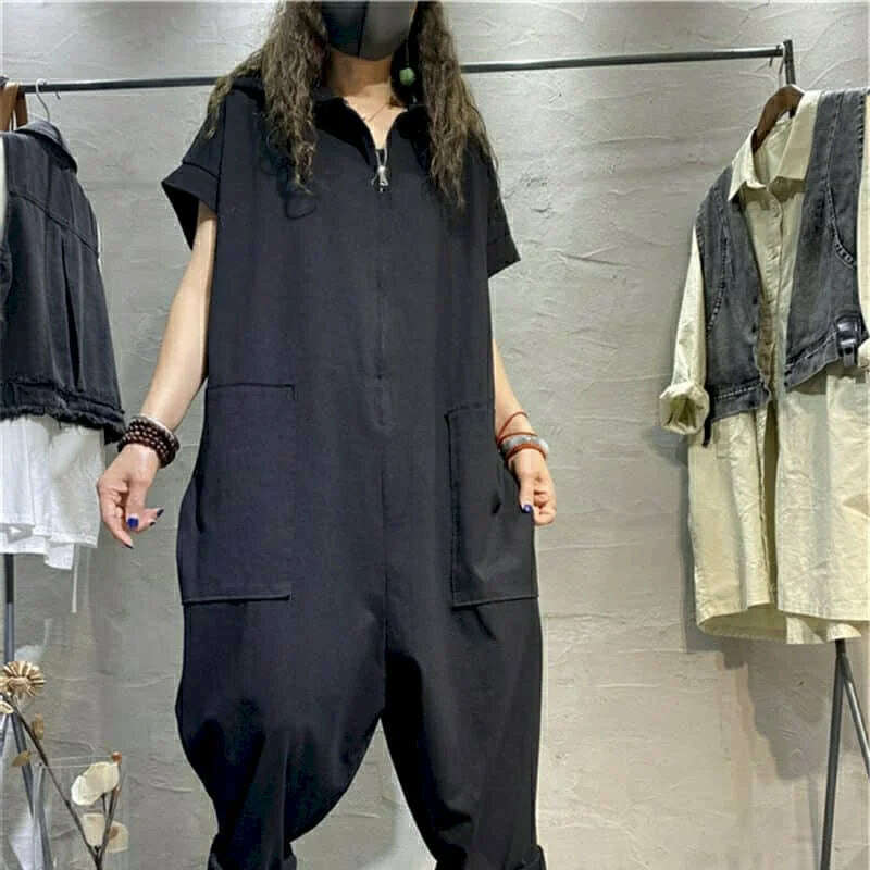 KIMLUD, Casual Jumpsuits New Summer Thin Loose Oversized Slim Short-sleeved Playsuits Casual Solid Pocket Vintage Overalls for Women, KIMLUD Womens Clothes