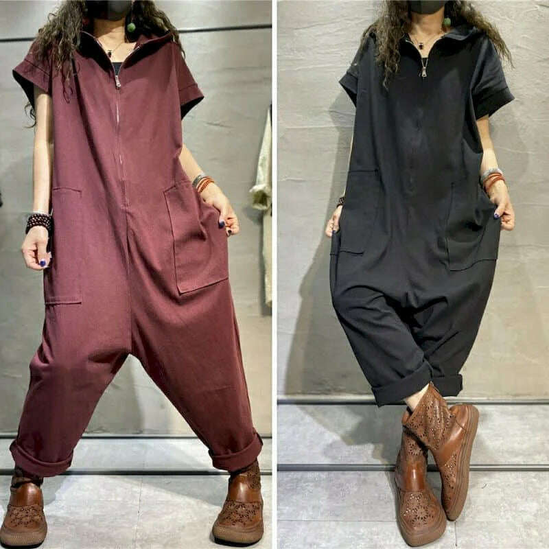 KIMLUD, Casual Jumpsuits New Summer Thin Loose Oversized Slim Short-sleeved Playsuits Casual Solid Pocket Vintage Overalls for Women, KIMLUD Womens Clothes