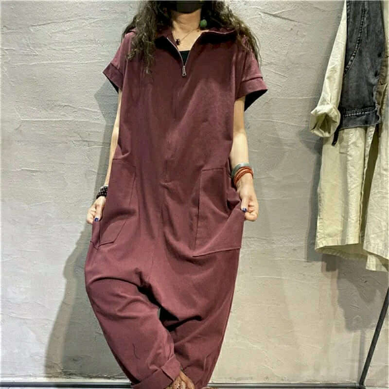 KIMLUD, Casual Jumpsuits New Summer Thin Loose Oversized Slim Short-sleeved Playsuits Casual Solid Pocket Vintage Overalls for Women, Wind Red / XL 75kg-100kg, KIMLUD Womens Clothes