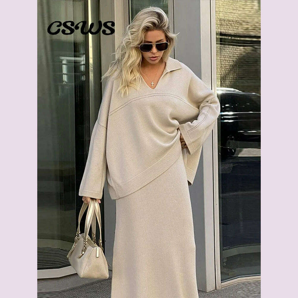 KIMLUD, Casual Knitted Loose Skirt Sets Women Solid Lapel Long Sleeve V-neck Pullover High Waist Skirts 2024 Autumn Lady Lazy Outfits, KIMLUD Womens Clothes