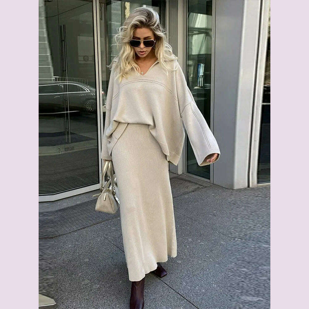 KIMLUD, Casual Knitted Loose Skirt Sets Women Solid Lapel Long Sleeve V-neck Pullover High Waist Skirts 2024 Autumn Lady Lazy Outfits, KIMLUD Womens Clothes