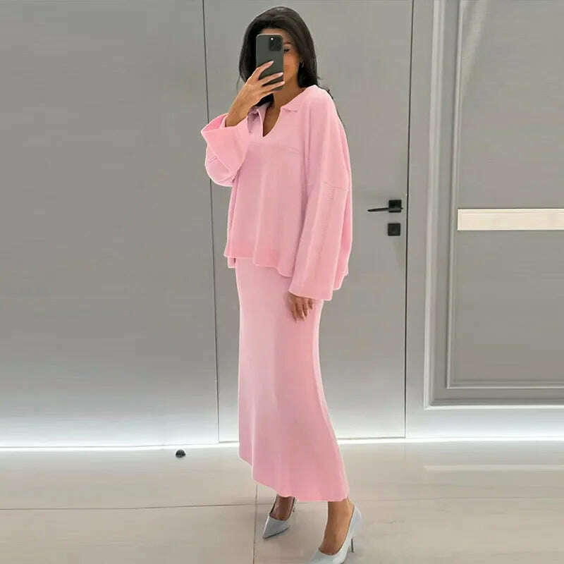 KIMLUD, Casual Knitted Loose Skirt Sets Women Solid Lapel Long Sleeve V-neck Pullover High Waist Skirts 2024 Autumn Lady Lazy Outfits, Pink / S, KIMLUD APPAREL - Womens Clothes