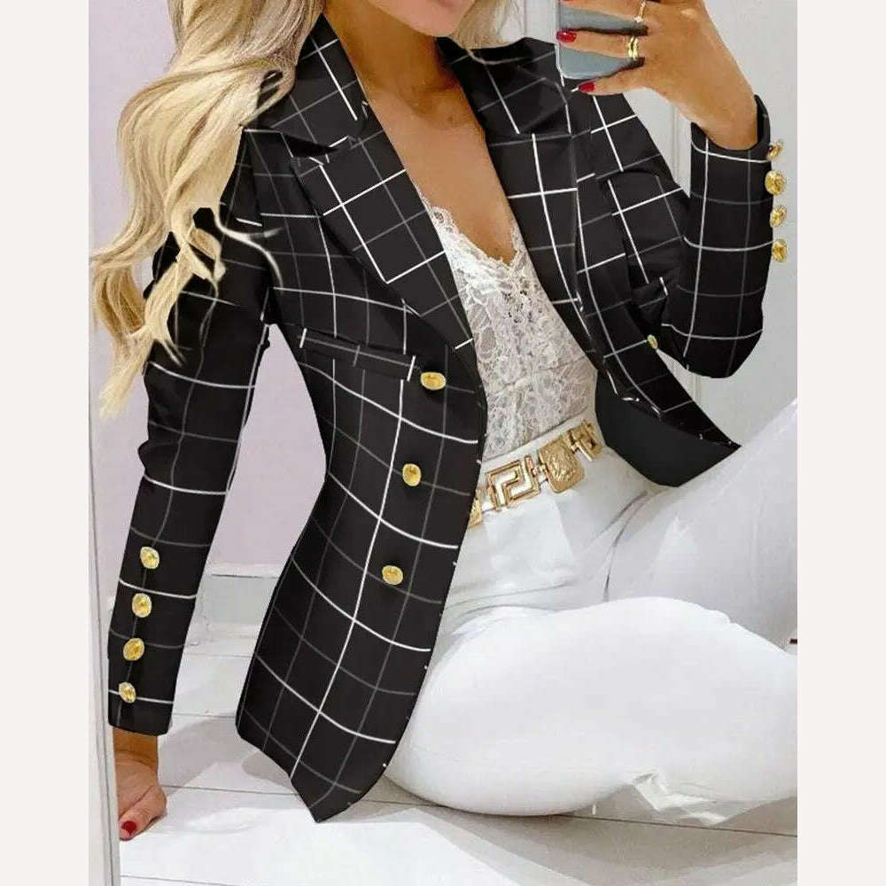 KIMLUD, Casual Stripe Print Suit Coat Pants Set Office Lady Fashion Elegant Long Sleeve Top Trousers Two Piece Set Women Outfit 2023, black / S, KIMLUD Womens Clothes