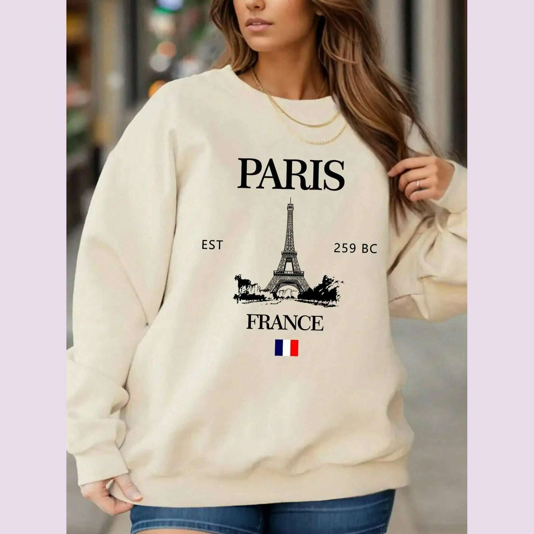 KIMLUD, Casual Women Sweatshirts Paris France Eiffel Tower Printing Hoodies Comfortable All-Math Pullover Crewneck Loose Female Tops, Beige / XL, KIMLUD APPAREL - Womens Clothes