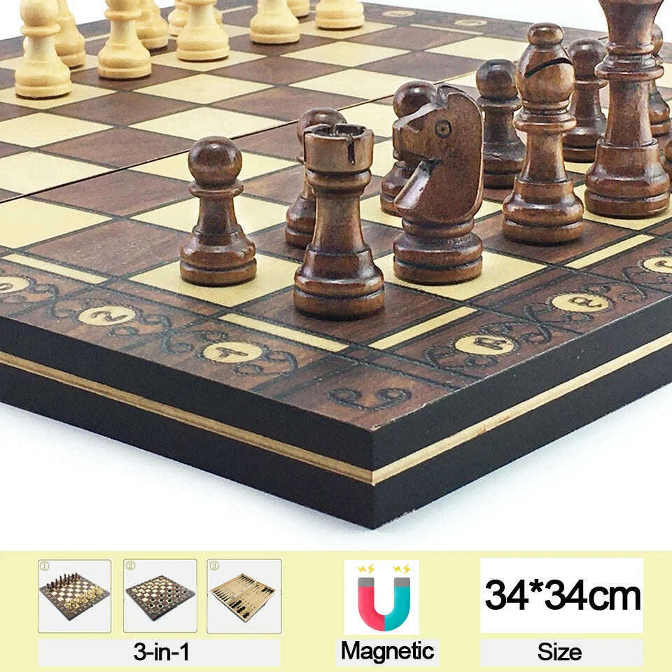 KIMLUD, Chesse International Chess Game Super Checkers 3 in 1 Chess Wooden Travel Chess Set Folding Chessboard Backgammon, 34 x 34cm Mold1, KIMLUD Womens Clothes