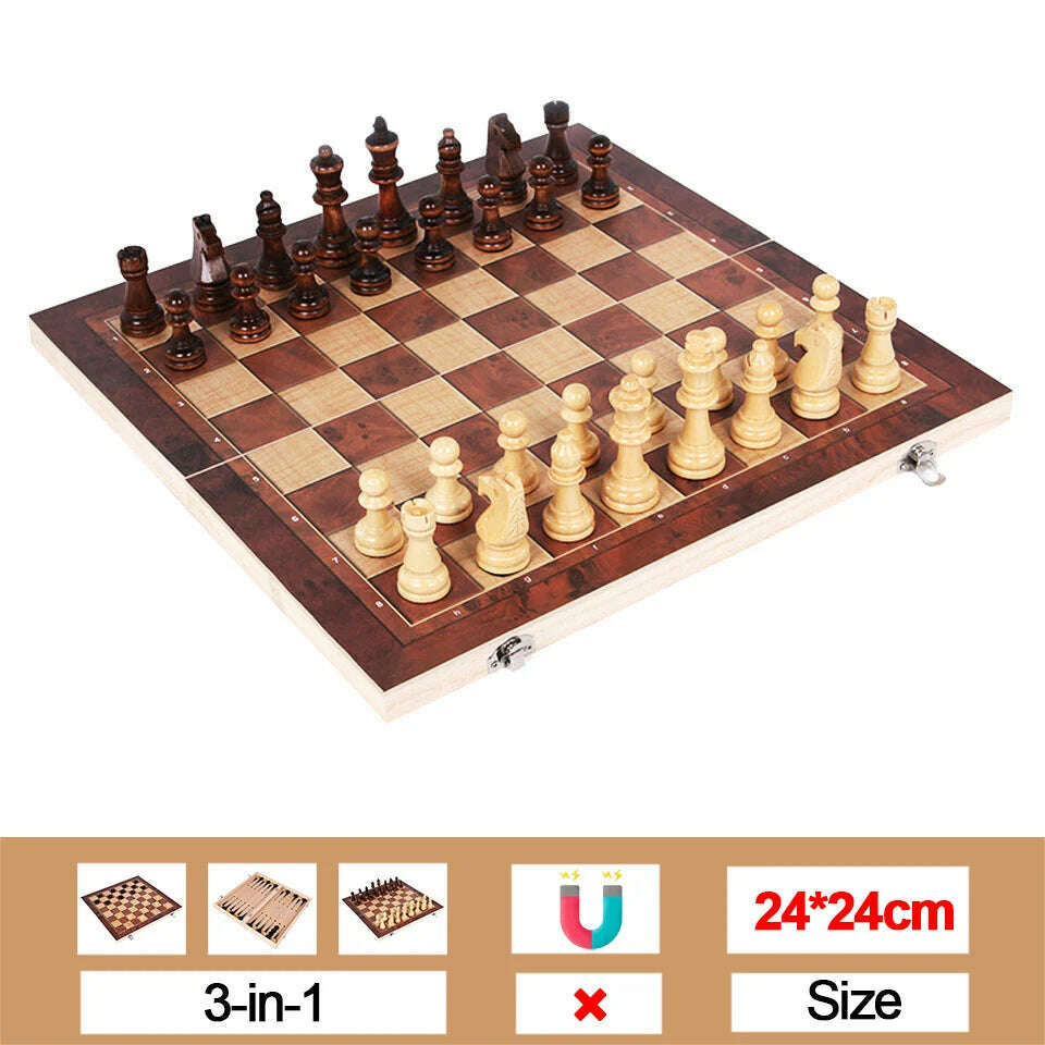 KIMLUD, Chesse International Chess Game Super Checkers 3 in 1 Chess Wooden Travel Chess Set Folding Chessboard Backgammon, 24 x 24cm Mold2, KIMLUD Womens Clothes