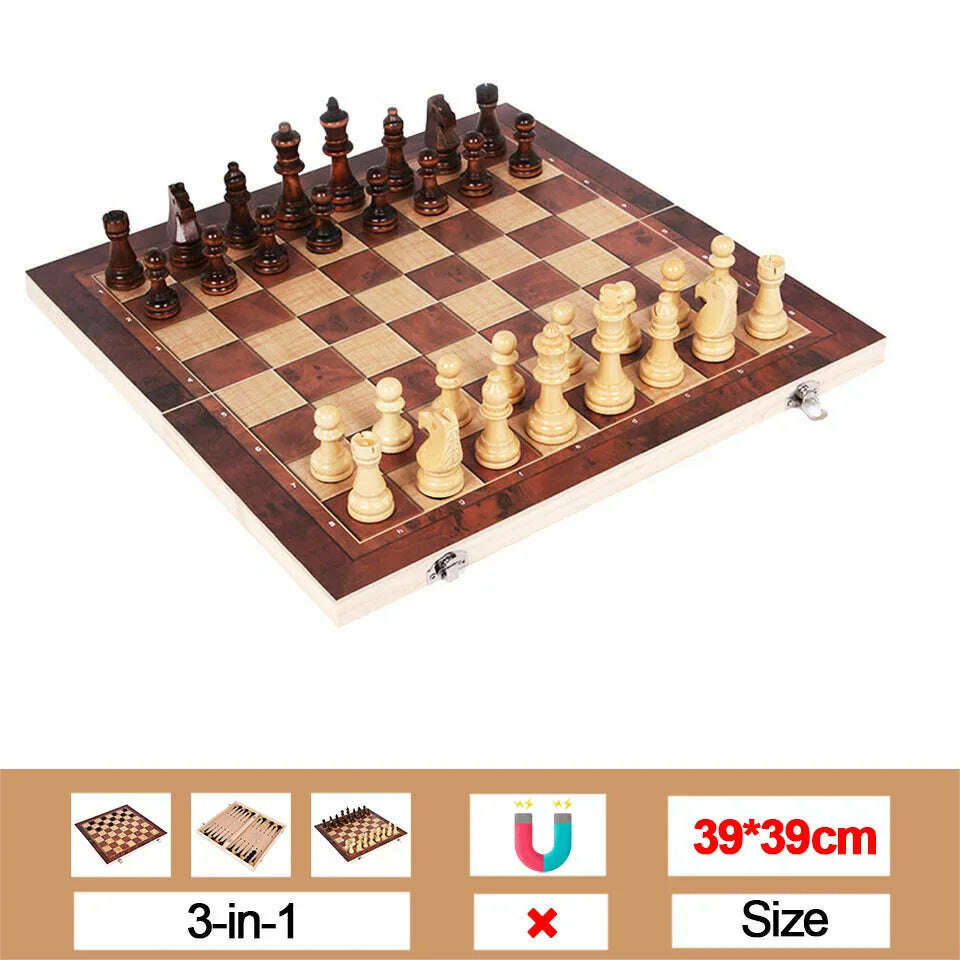 Chesse International Chess Game Super Checkers 3 in 1 Chess Wooden Travel Chess Set Folding Chessboard Backgammon - KIMLUD