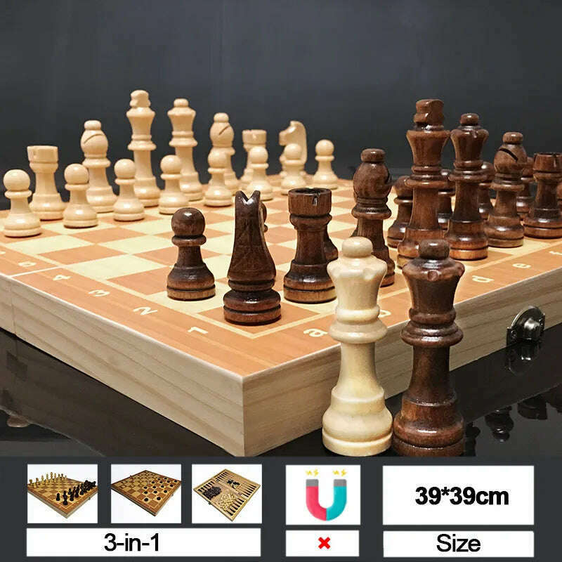 Chesse International Chess Game Super Checkers 3 in 1 Chess Wooden Travel Chess Set Folding Chessboard Backgammon - KIMLUD