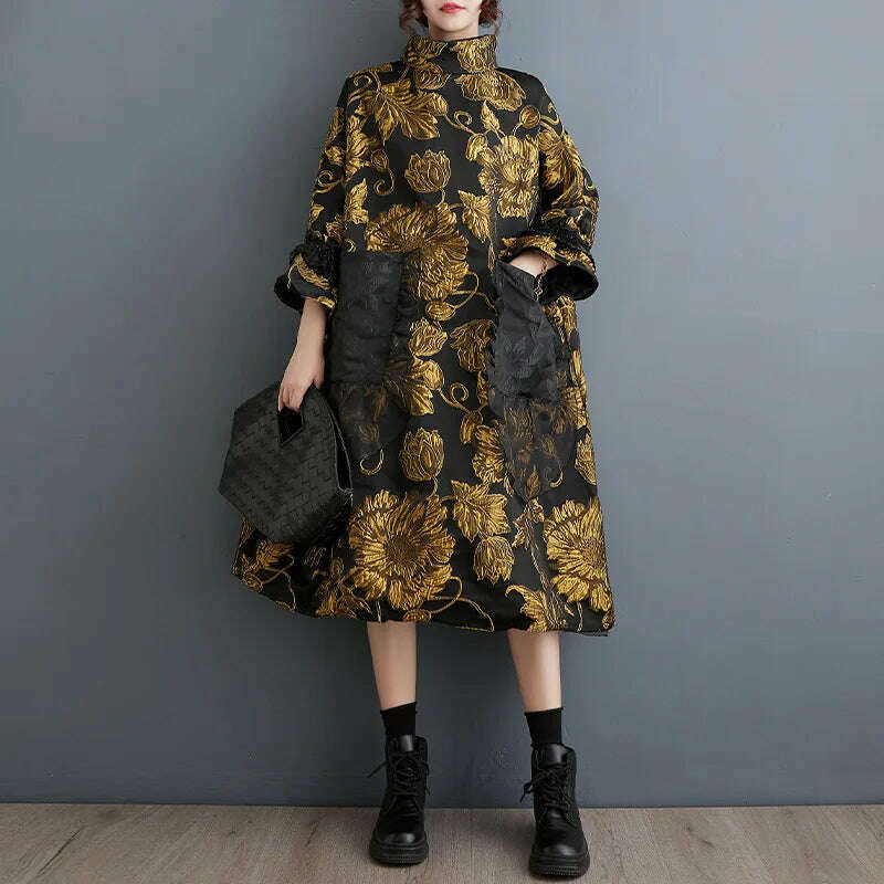 KIMLUD, Chinese Style Mock Neck Dress Women Autumn Winter Luxury New Double Deck Jacquard Coat Thin Design Advanced Loose Evening Dress, Black and yellow / One Size, KIMLUD APPAREL - Womens Clothes