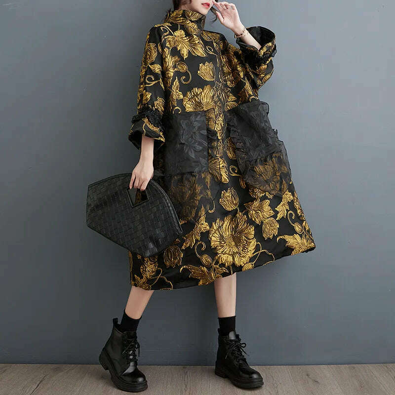 KIMLUD, Chinese Style Mock Neck Dress Women Autumn Winter Luxury New Double Deck Jacquard Coat Thin Design Advanced Loose Evening Dress, KIMLUD Womens Clothes