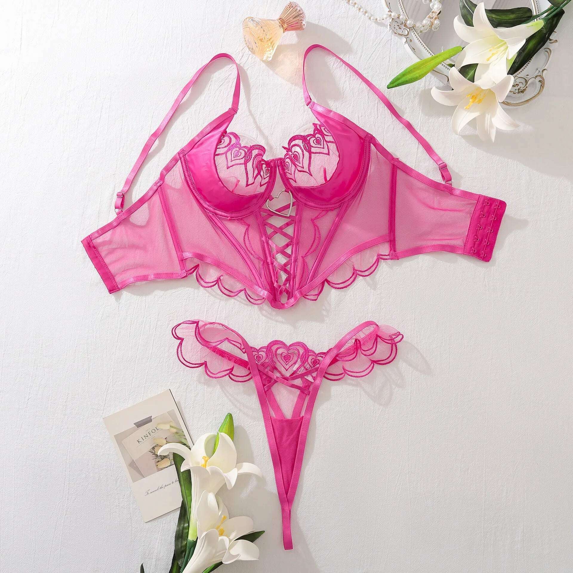 KIMLUD, CHUANGERM Sexy Lingerie Sets Heart Embroidery Rose Lace Transparent Hollow Bra Underwear Fantasy Sexy Clothes For Women Onlyfans, KIMLUD Womens Clothes