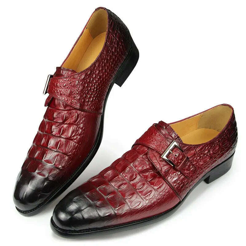 KIMLUD, Classic Luxury Men's Alligator Leather Printed Shoe: Casual Wedding Evening Buckle Shoe in Red Hand Slip Design for Men, KIMLUD Womens Clothes