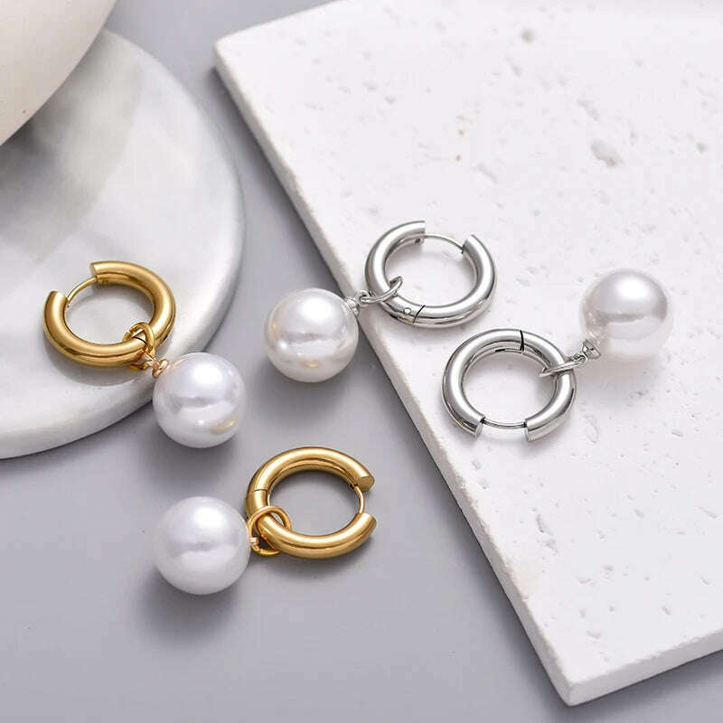 KIMLUD, Classic White Big Pearl Drop Round Stainless Steel Hoop Earrings For Women Luxury Elegant Wedding Party Jewelry Earrings Gift, KIMLUD Womens Clothes