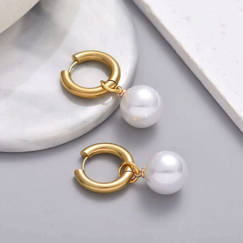 KIMLUD, Classic White Big Pearl Drop Round Stainless Steel Hoop Earrings For Women Luxury Elegant Wedding Party Jewelry Earrings Gift, KIMLUD Womens Clothes