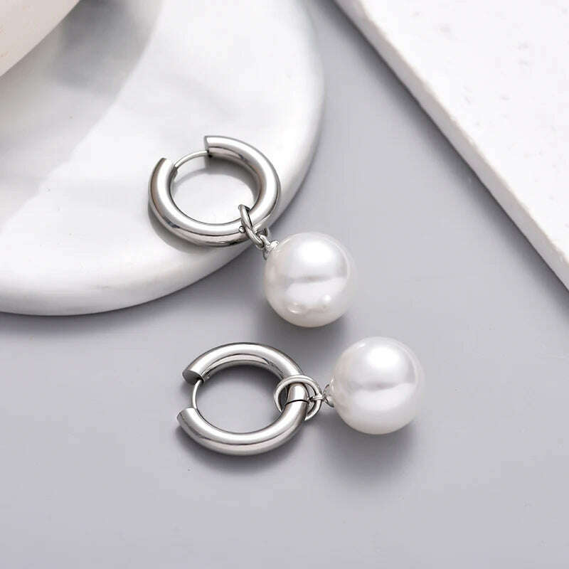 Classic White Big Pearl Drop Round Stainless Steel Hoop Earrings For Women Luxury Elegant Wedding Party Jewelry Earrings Gift - KIMLUD