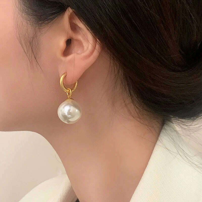 Classic White Big Pearl Drop Round Stainless Steel Hoop Earrings For Women Luxury Elegant Wedding Party Jewelry Earrings Gift - KIMLUD