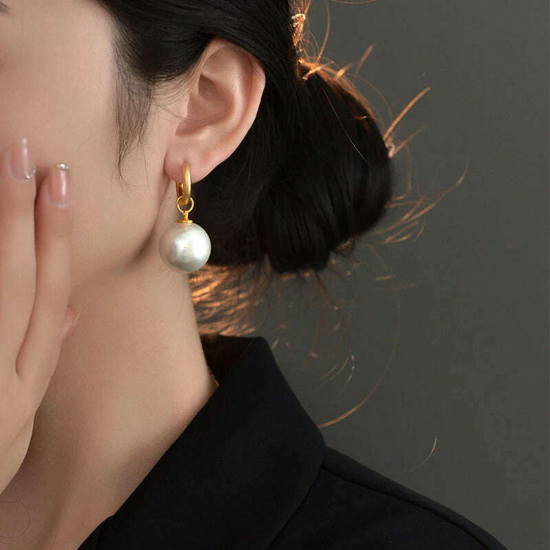 Classic White Big Pearl Drop Round Stainless Steel Hoop Earrings For Women Luxury Elegant Wedding Party Jewelry Earrings Gift - KIMLUD