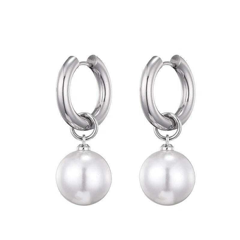 Classic White Big Pearl Drop Round Stainless Steel Hoop Earrings For Women Luxury Elegant Wedding Party Jewelry Earrings Gift - KIMLUD