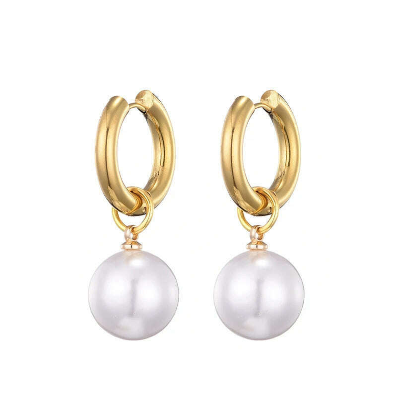 Classic White Big Pearl Drop Round Stainless Steel Hoop Earrings For Women Luxury Elegant Wedding Party Jewelry Earrings Gift - KIMLUD