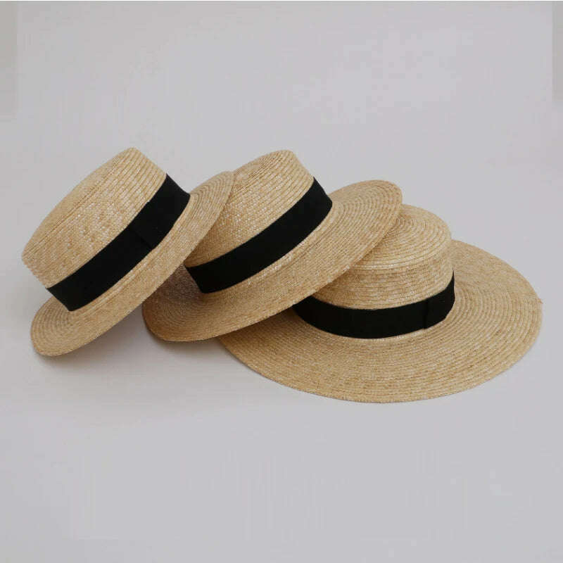 Classical Beach Hat Ribbon Bowknot Boater Hat Wide Brim Summer Sun Hats for Women Ladies Wheat Straw Cap Kentucky Derby Hat - KIMLUD