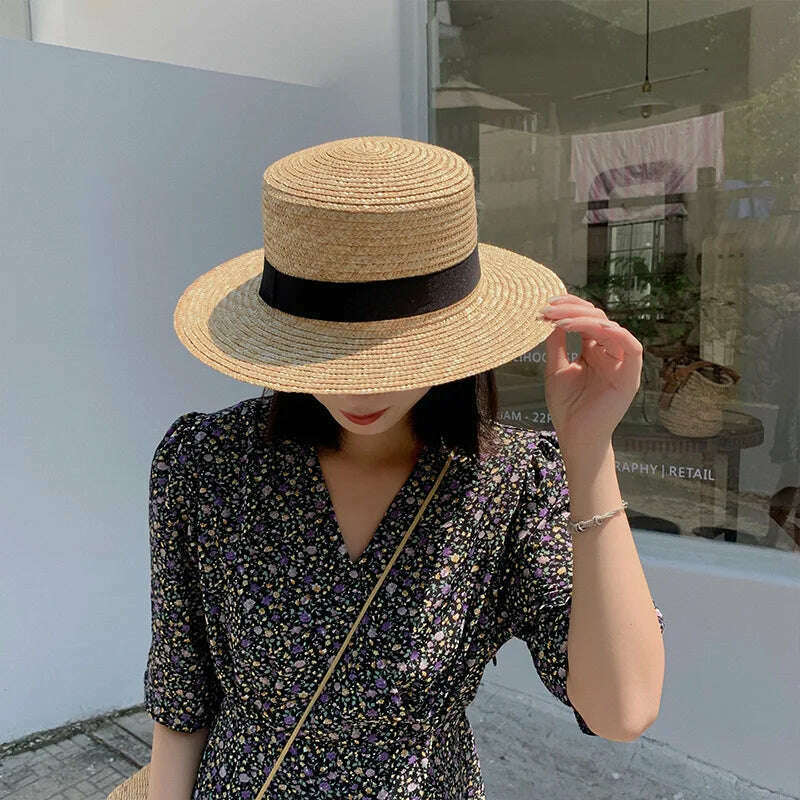 Classical Beach Hat Ribbon Bowknot Boater Hat Wide Brim Summer Sun Hats for Women Ladies Wheat Straw Cap Kentucky Derby Hat - KIMLUD