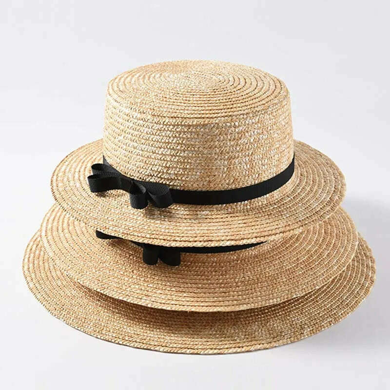 Classical Beach Hat Ribbon Bowknot Boater Hat Wide Brim Summer Sun Hats for Women Ladies Wheat Straw Cap Kentucky Derby Hat - KIMLUD