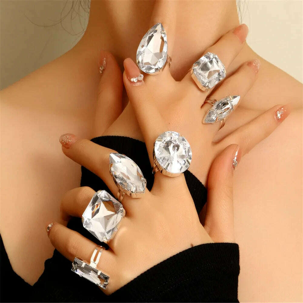 KIMLUD, Clear Acrylic Crystal Geometric 7PCS Big Square Round Open Rings Finger Decoration for Women Rhinestone Adjustable Finger Rings, KIMLUD Womens Clothes