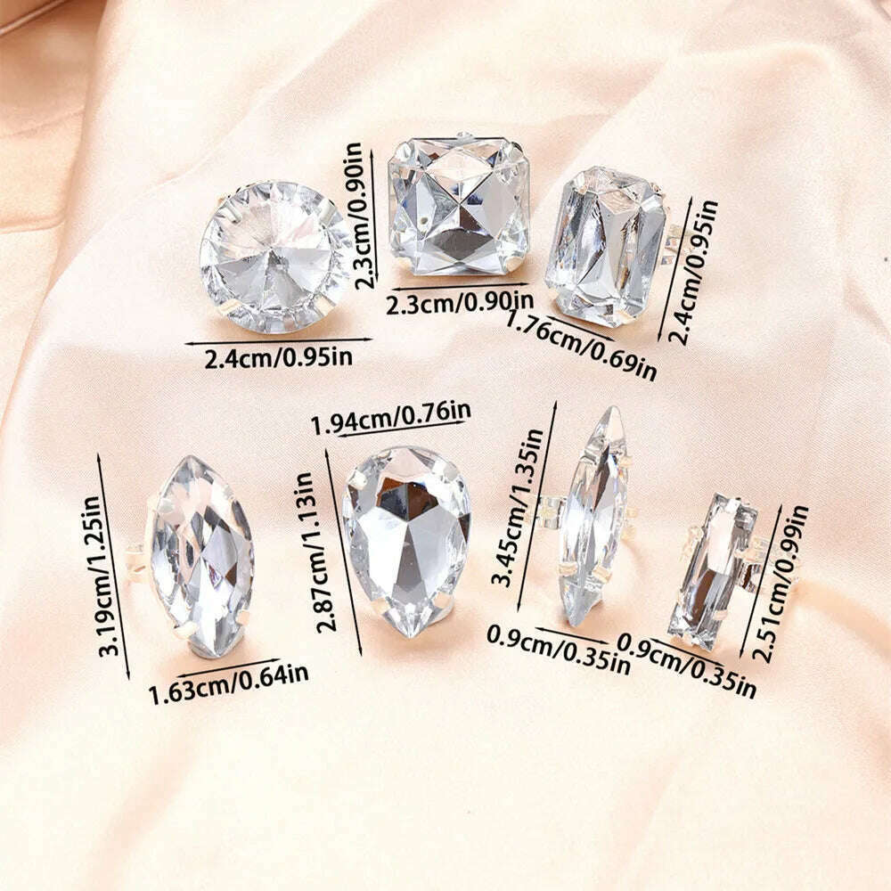 KIMLUD, Clear Acrylic Crystal Geometric 7PCS Big Square Round Open Rings Finger Decoration for Women Rhinestone Adjustable Finger Rings, KIMLUD Womens Clothes