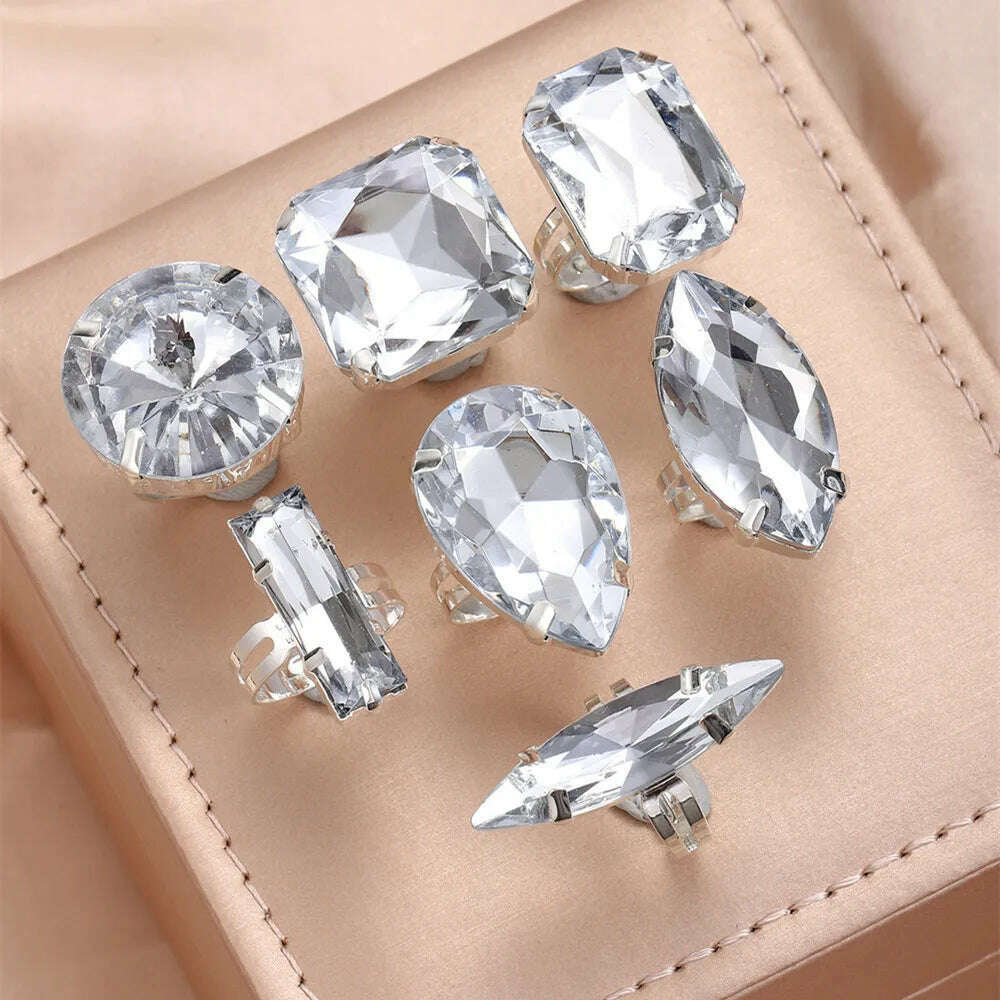 KIMLUD, Clear Acrylic Crystal Geometric 7PCS Big Square Round Open Rings Finger Decoration for Women Rhinestone Adjustable Finger Rings, KIMLUD Womens Clothes