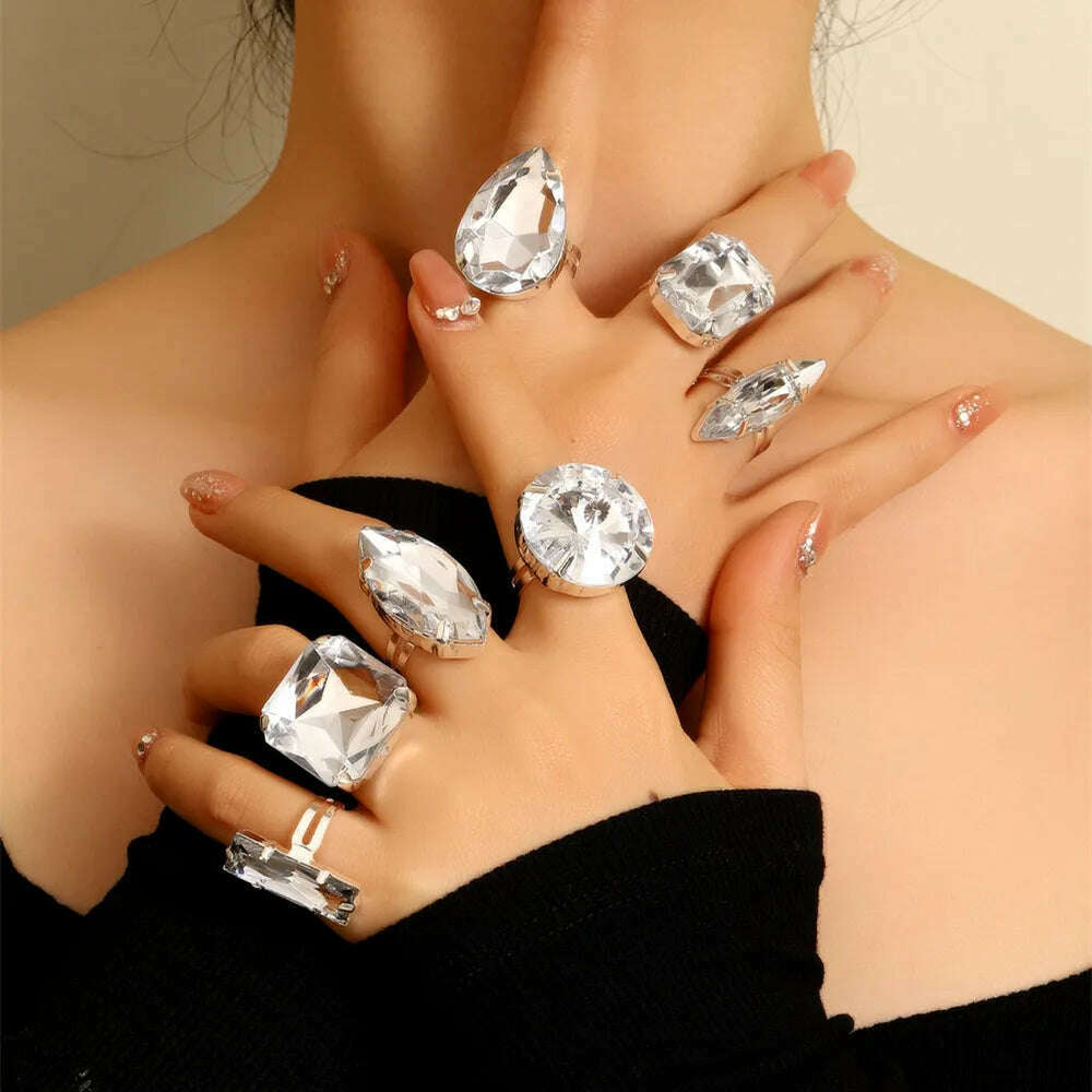 KIMLUD, Clear Acrylic Crystal Geometric 7PCS Big Square Round Open Rings Finger Decoration for Women Rhinestone Adjustable Finger Rings, KIMLUD Womens Clothes