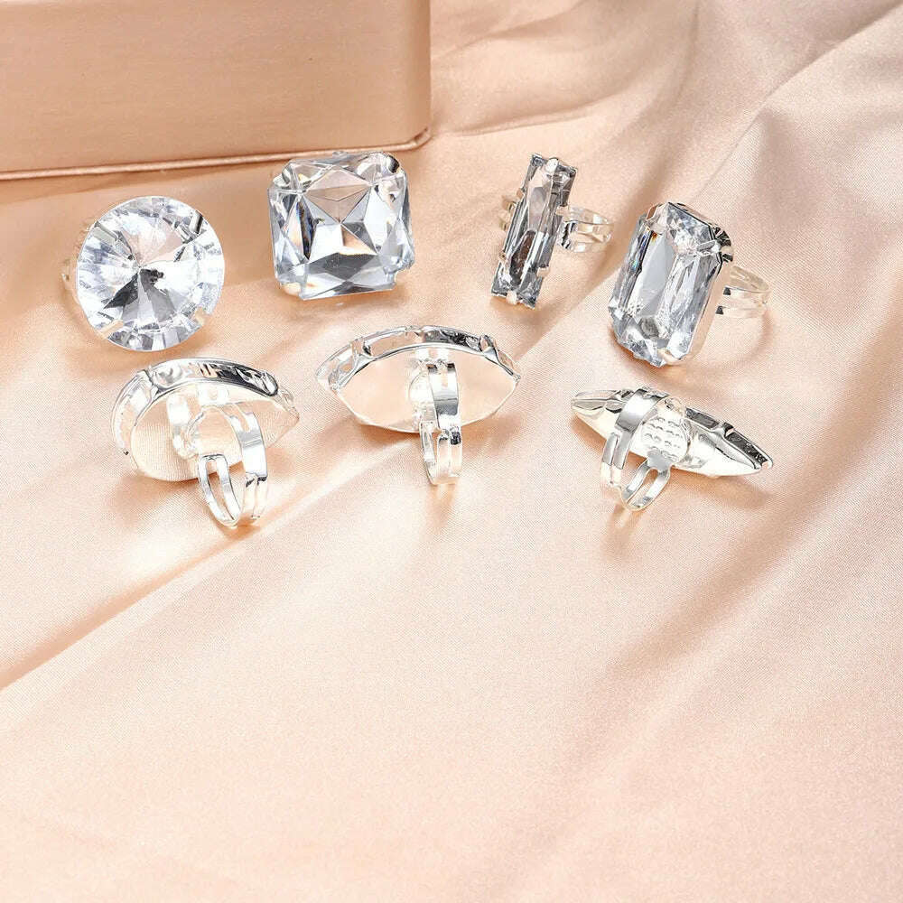 KIMLUD, Clear Acrylic Crystal Geometric 7PCS Big Square Round Open Rings Finger Decoration for Women Rhinestone Adjustable Finger Rings, KIMLUD Womens Clothes