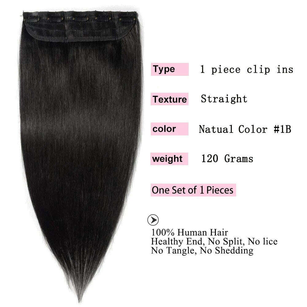 Clip in Human Hair Extensions One Piece 5 Clips 100% Real Human Hair Straight Soft One Piece Natural Human Hair Extensions 120g - KIMLUD