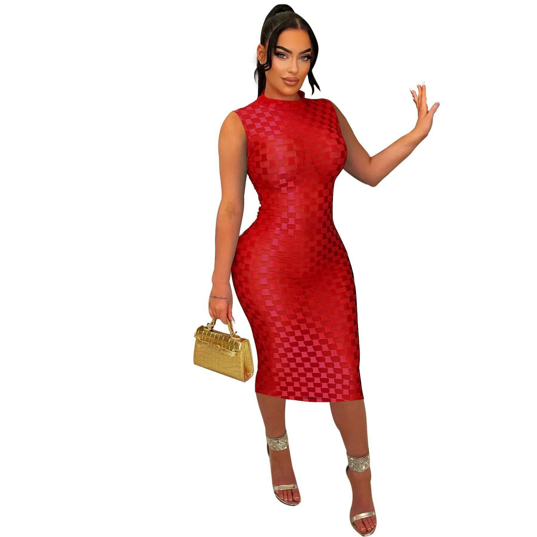 KIMLUD, CM.YAYA Women Elegant O-neck Sleeveless Mesh See Through Midi Dress 2024 Summer Sexy Casual Night Club Party Vestido Dresses, Red  W / M, KIMLUD APPAREL - Womens Clothes