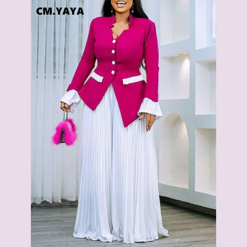 CM.YAYA Women's Set Full Flare Sleeve Button Blazer Shirt + Pleated Long Pants Suit Streetwear Two 2 Piece Set Africa OL Outfits - KIMLUD