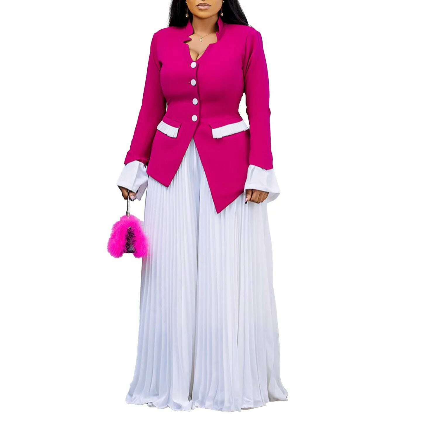 KIMLUD, CM.YAYA Women's Set Full Flare Sleeve Button Blazer Shirt + Pleated Long Pants Suit Streetwear Two 2 Piece Set Africa OL Outfits, KIMLUD Womens Clothes