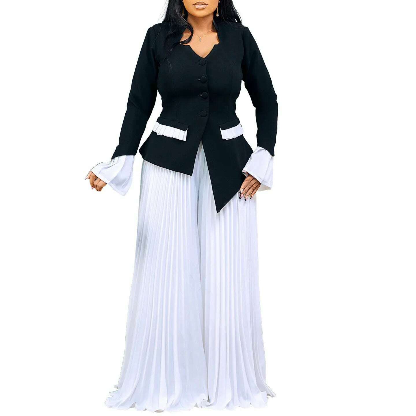 KIMLUD, CM.YAYA Women's Set Full Flare Sleeve Button Blazer Shirt + Pleated Long Pants Suit Streetwear Two 2 Piece Set Africa OL Outfits, KIMLUD Womens Clothes