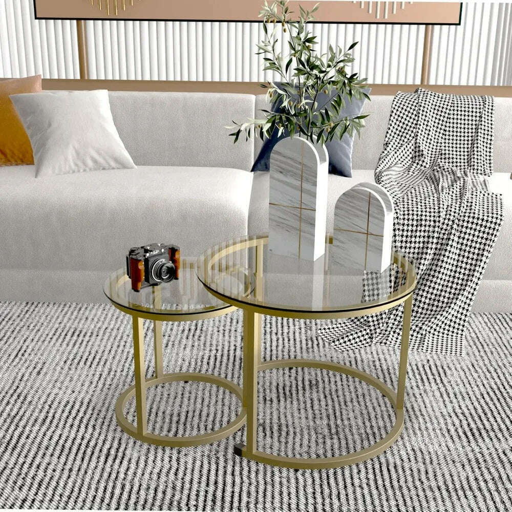 KIMLUD, Coffee Table Set of 2, Small Glass Round Nesting Tables for Living Room Bedroom, Accent Tea Table with Metal Frame, KIMLUD Womens Clothes