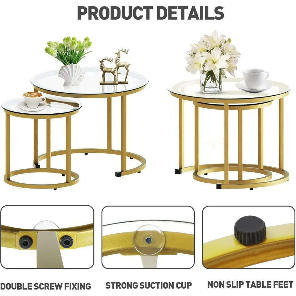 KIMLUD, Coffee Table Set of 2, Small Glass Round Nesting Tables for Living Room Bedroom, Accent Tea Table with Metal Frame, KIMLUD Womens Clothes