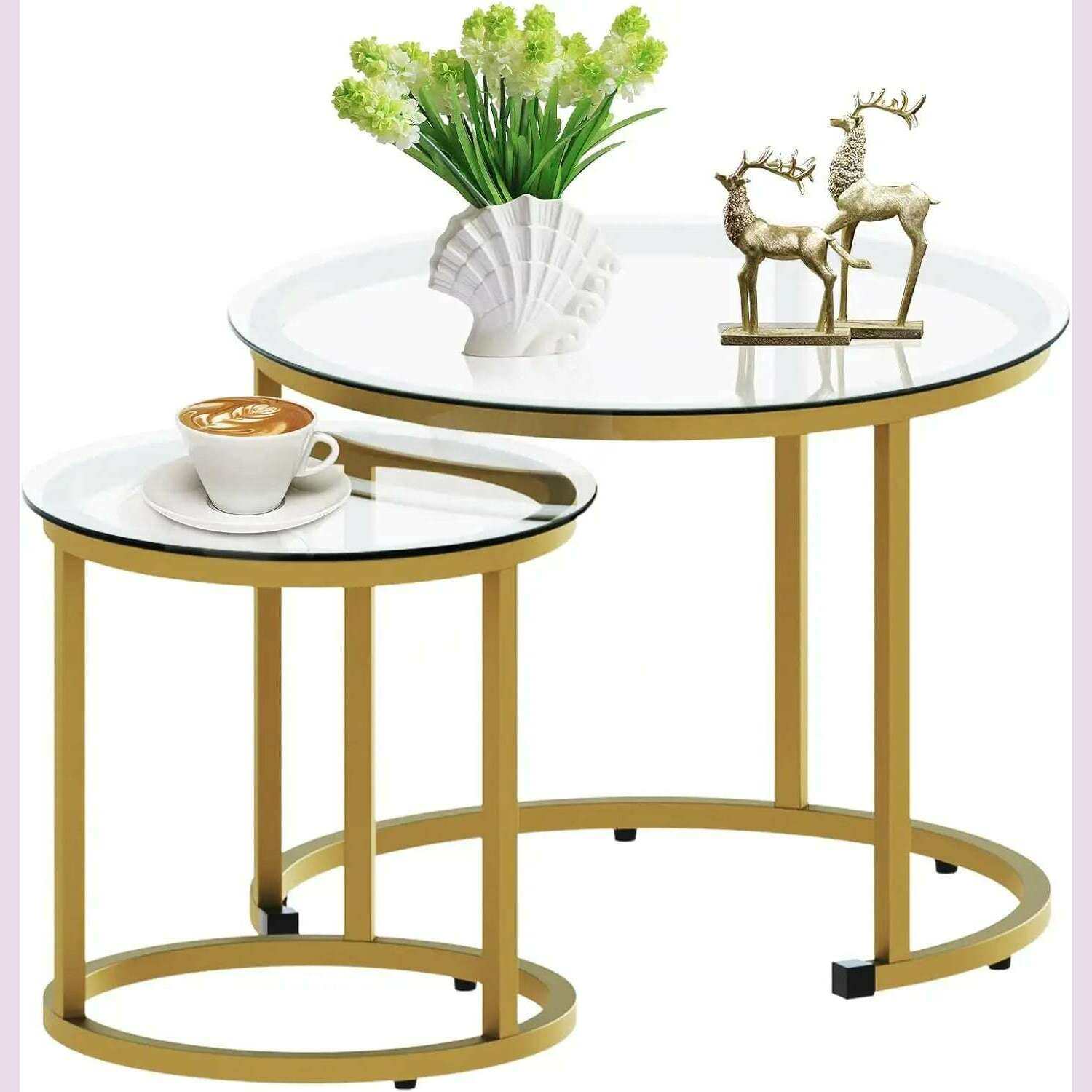 KIMLUD, Coffee Table Set of 2, Small Glass Round Nesting Tables for Living Room Bedroom, Accent Tea Table with Metal Frame, Gold Glass / United States, KIMLUD APPAREL - Womens Clothes