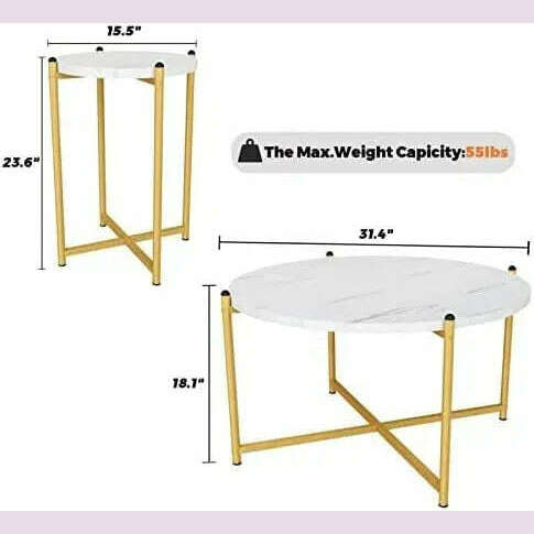 KIMLUD, Coffee Table Set of 3, Include Coffee Table & 2pcs Side Table, Living Room Table Sets with Faux Marble Tabletop and Metal Frame, KIMLUD Womens Clothes