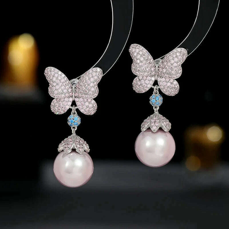 KIMLUD, Colorful Butterfly Dangle Earrings for Women Wedding Evening Party Jewelry Pearls Drop Earrings Female Gift, pink, KIMLUD APPAREL - Womens Clothes