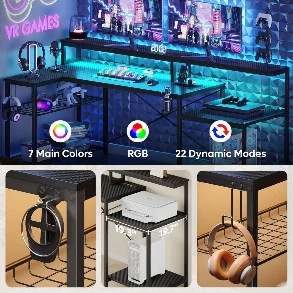 KIMLUD, computer Desk ,with Power Outlets,  with Storage Shelf, Cup Holder Headset Hooks, Cool Desk for Gaming Room, Black, KIMLUD Womens Clothes