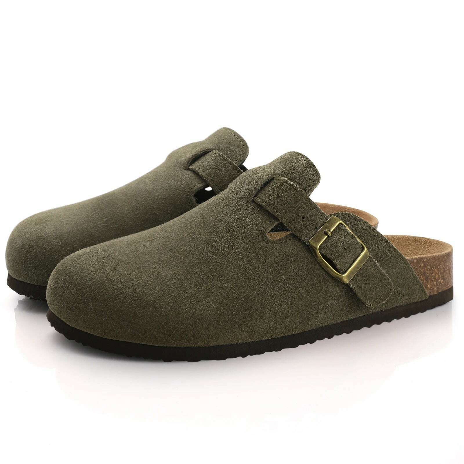 KIMLUD, Comwarm Fashion Women's Suede Mules Slippers Men Clogs Cork Insole Sandals With Arch Support Outdoor Beach Slides Home Shoes, Army Green B / 43, KIMLUD APPAREL - Womens Clothes